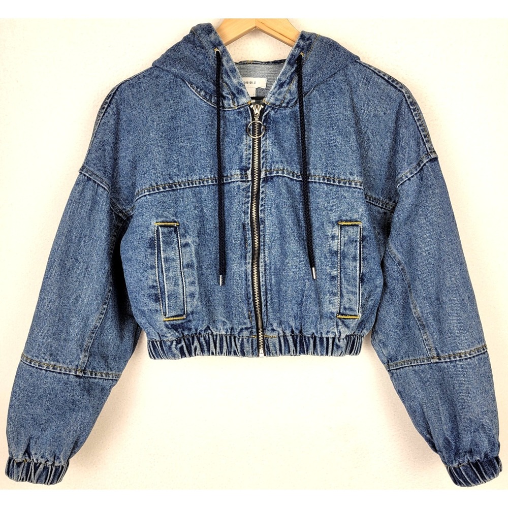 Y2K Forever 21 Cropped Denim Hoodie Jacket S Boxy Streetwear Soft Grunge Utility